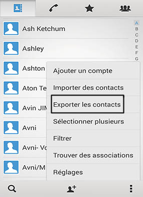 exportez les contacts vers la carte SD