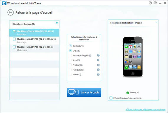 copiez des contacts, sms vers votre nouveau iPhone