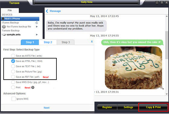 copier puis imprimer des SMS iPhone sur un PC