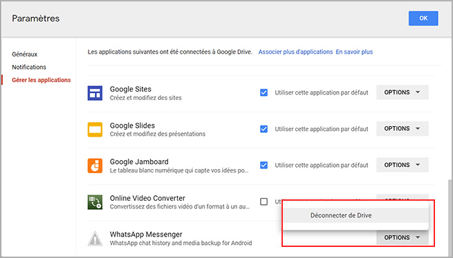 dissocier WhatsApp Messenger de Google Drive