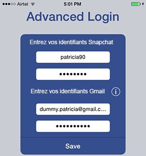 saisir l’identifiant et le mot de passe snapchat dans l'application Snap-Hack